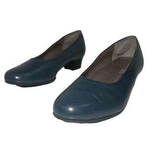 SAS Regina Made in Italy Leather Low Heel Pumps Blue 8W Wide Comfort Work Shoe